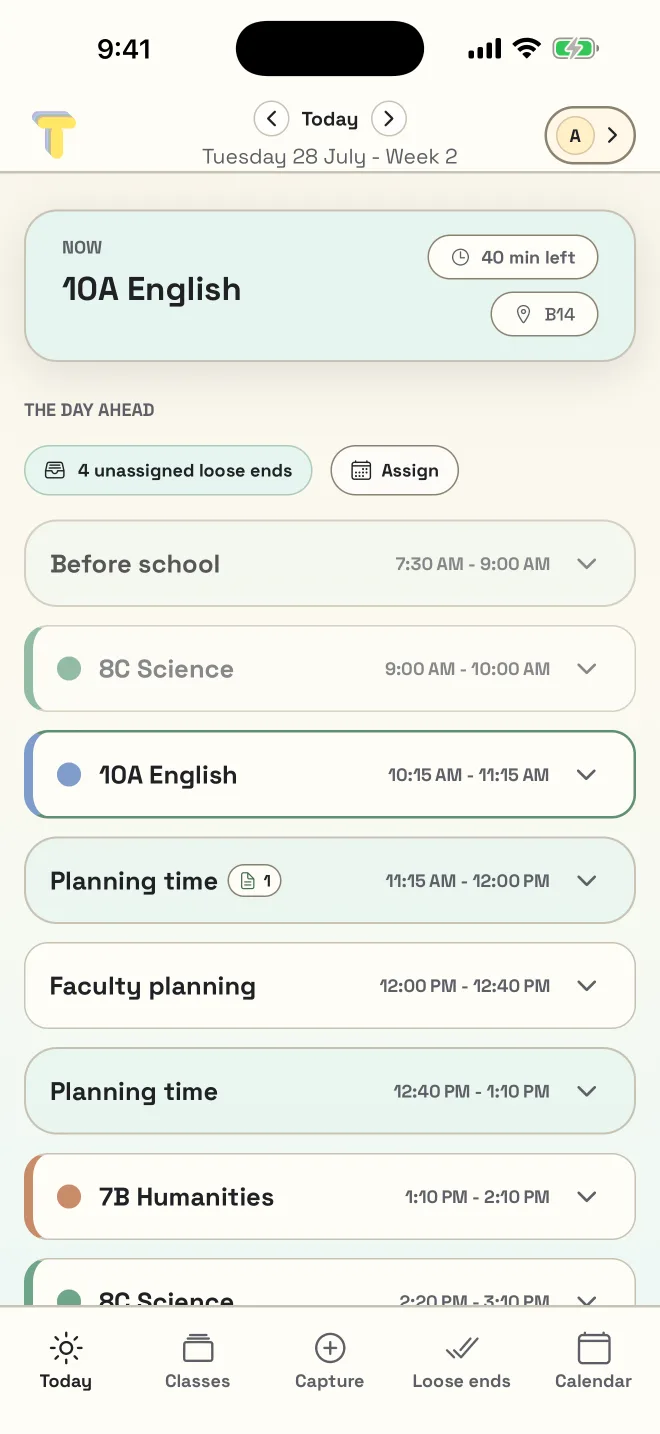 Made to Teach Today screen showing the current class, loose ends, classes and planning blocks.